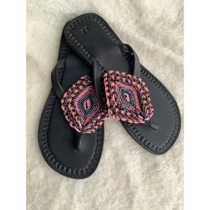 Boho Artisan Beaded Leather Thong Flip Flops Sz 8
